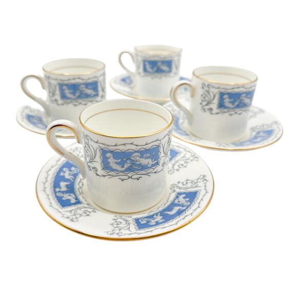 Coalport Other - Coalport Revelry Demitasse Coffee Cups Saucers Set of 4 Cupid Scrolls Grey Blue